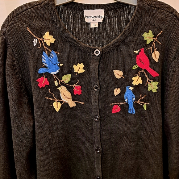 Breckenridge Black Cardigan 1X Cardinal Bluejay Cottage Core Vintage Embroidered - Picture 2 of 8